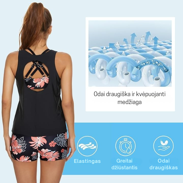 3-osaline ujumiskomplekt lühikeste pükste ja vaba pluusiga